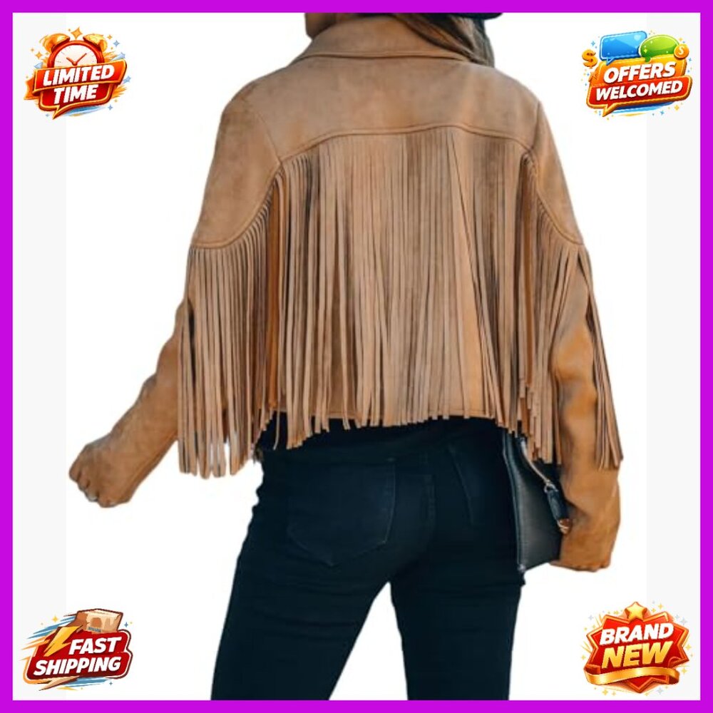 Faux Suede Cropped Fringe Jacket Women's Western Motorcycle Style - Picture 5 of 7